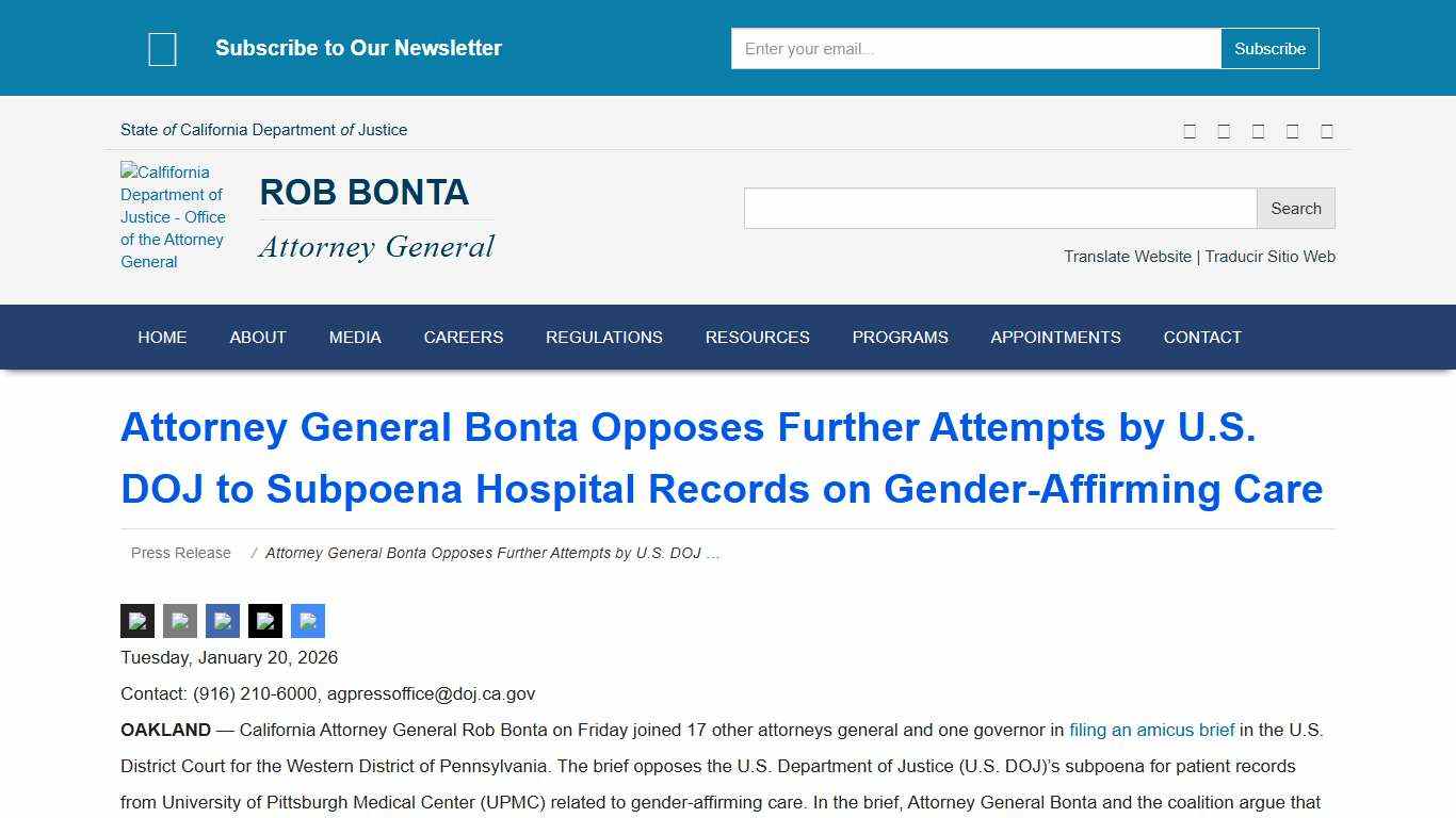 Attorney General Bonta Opposes Further Attempts by U.S. DOJ to Subpoena Hospital Records on Gender-Affirming Care State of California - Department of Justice - Office of the Attorney General